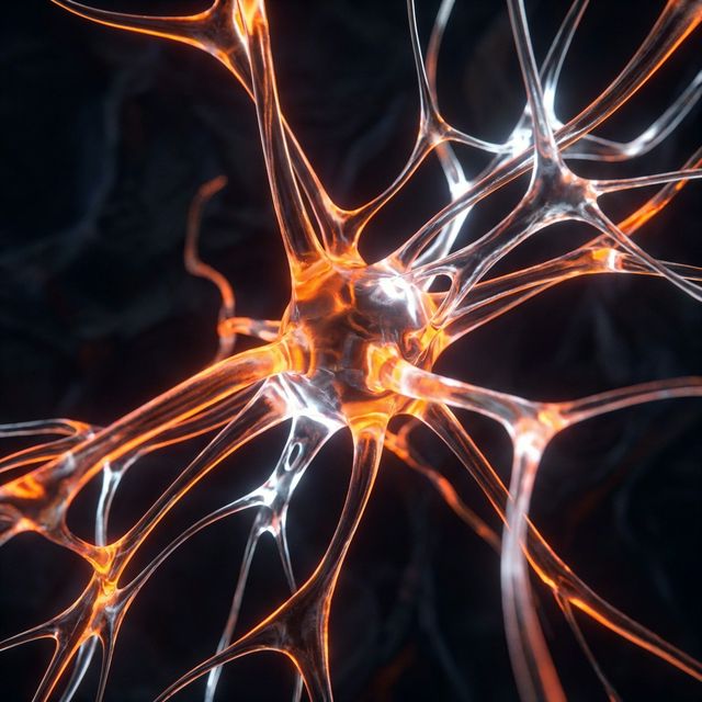 Abstract 3D Liquid Neural Flow with glowing neon orange and white data streams